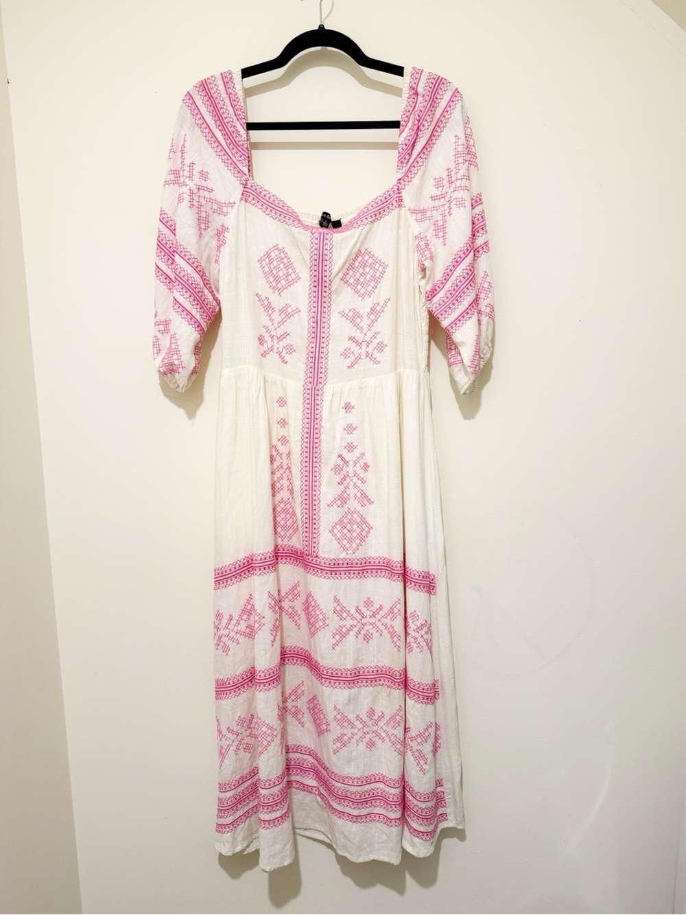 Women's Cream Midi Dress with Pink Embroidery